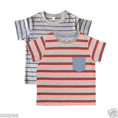 Orange and Orchid Cotton Striped  Pocket Kids T-shirt Pack of 2
