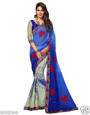Orange and Orchid Georgette & Chiffon Off White & Blue colour saree