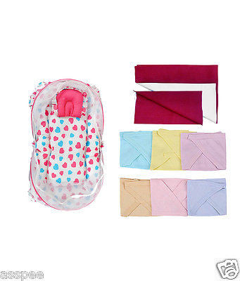 Orange And Orchid Cotton Mosquito Net Bed With Red Color Dry Sheet & Nappy color