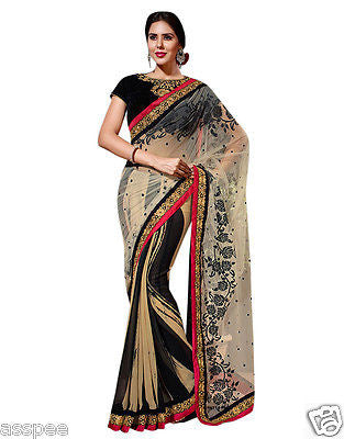 Orange and Orchid Georgette & Net Beige & Black colour saree